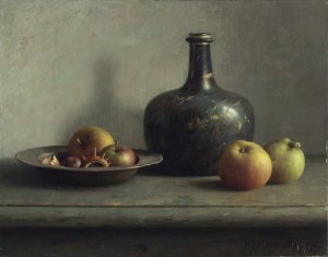 Henk Helmantel > Stilleven met tinnen schaal, groene fles, appels en een kastanje kopen?