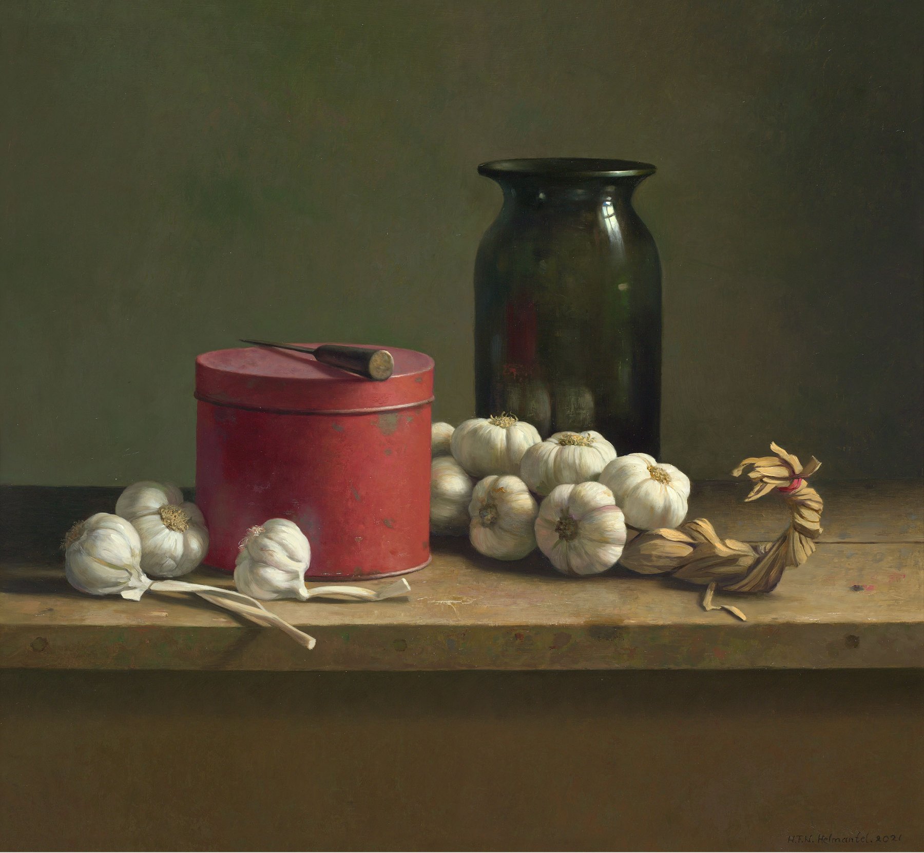 油彩.畫板: Stilleven met rode trommel en knoflook van Henk Helmantel kopen? Kunst Stilleven met rode trommel en knoflook van Henk Helmantel kopen?