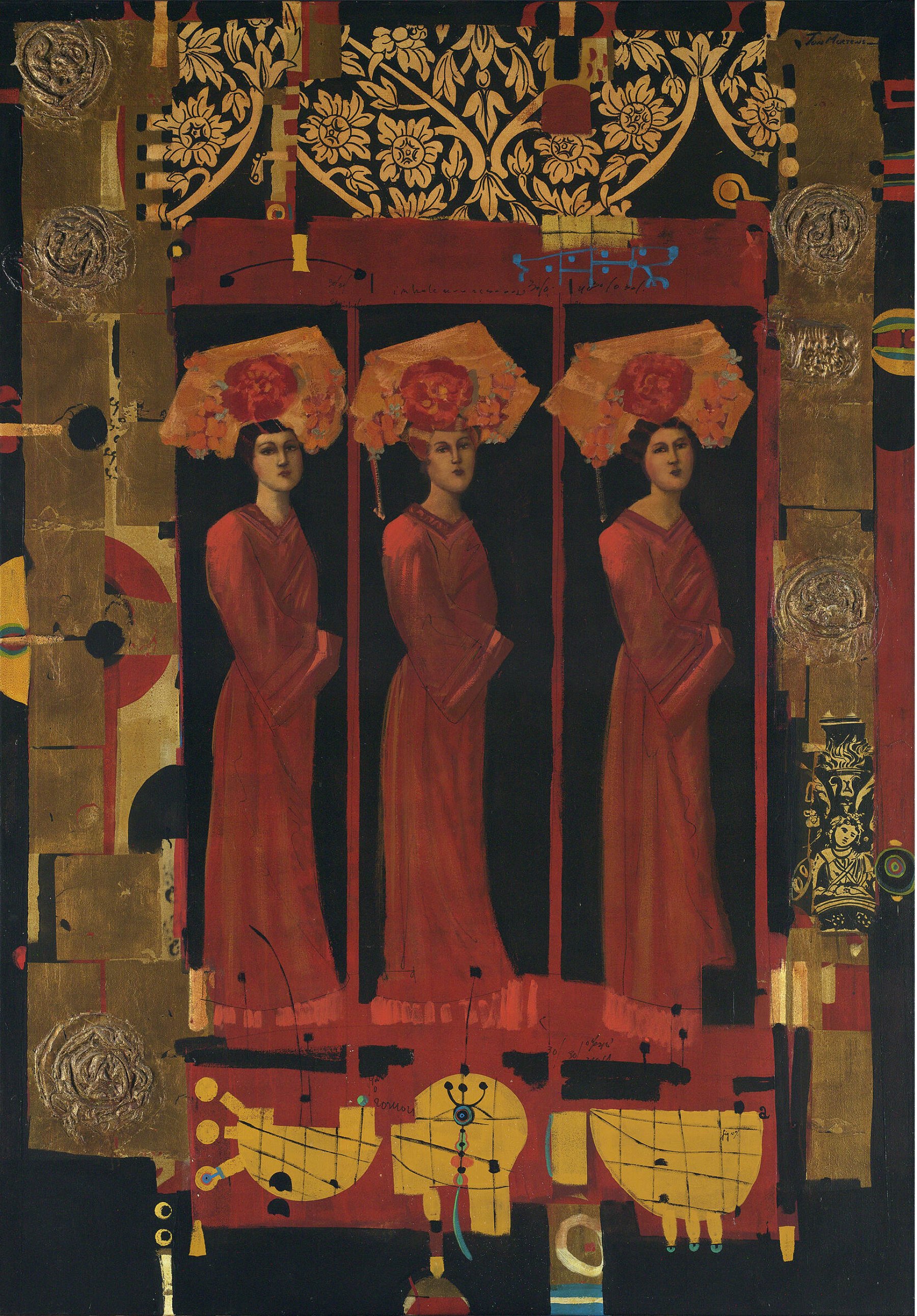 Olieverf op doek: Ton Mertens/ Mandchou (drie vrouwen in rode gewaden) van Collectie van Herk kopen? Kunst Ton Mertens/ Mandchou (drie vrouwen in rode gewaden) van Collectie van Herk kopen?