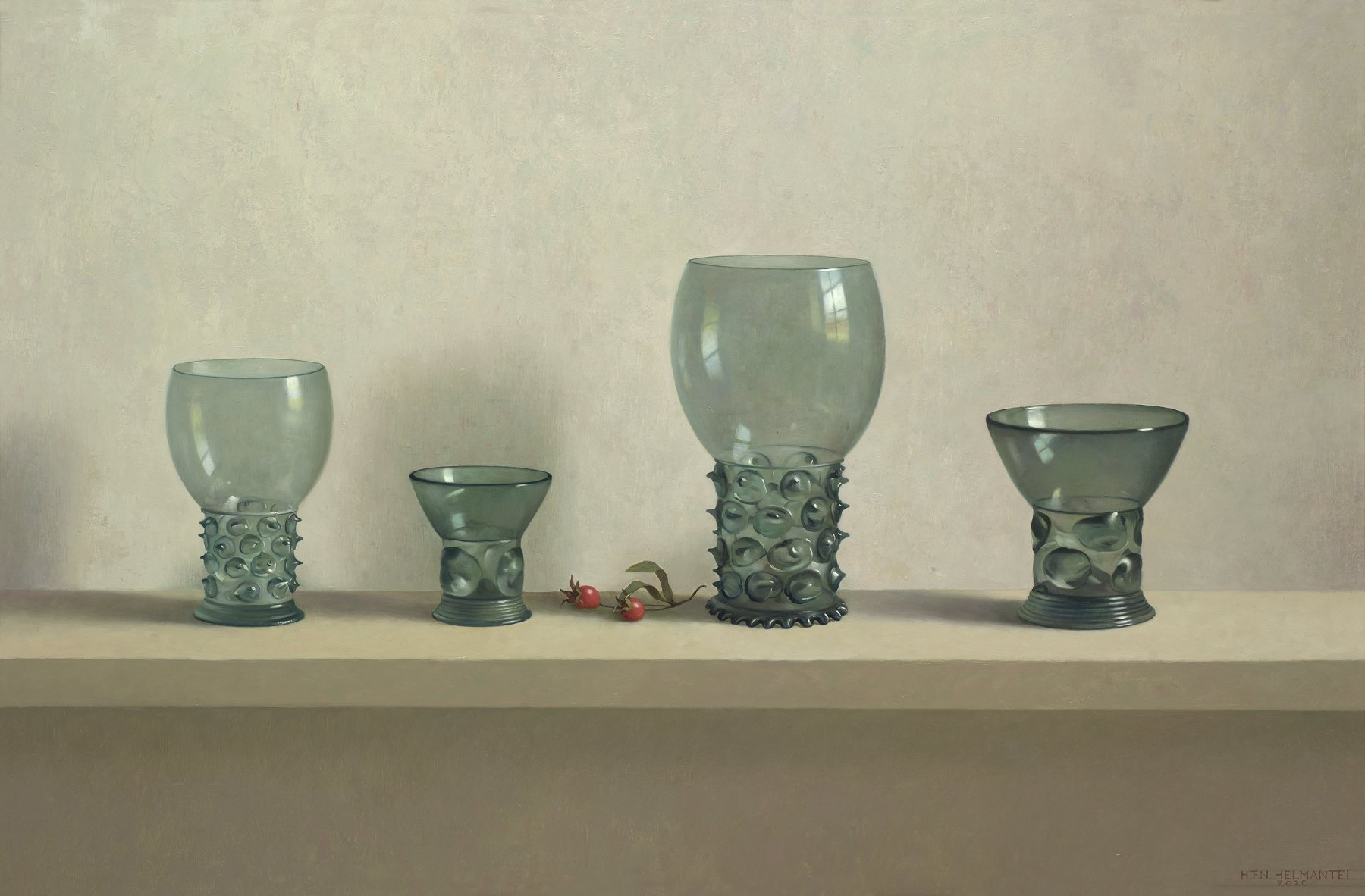 油彩.畫板: Vier drinkglazen uit de zeventiende eeuw en rozenbottels van Henk Helmantel kopen? Kunst Vier drinkglazen uit de zeventiende eeuw en rozenbottels van Henk Helmantel kopen?