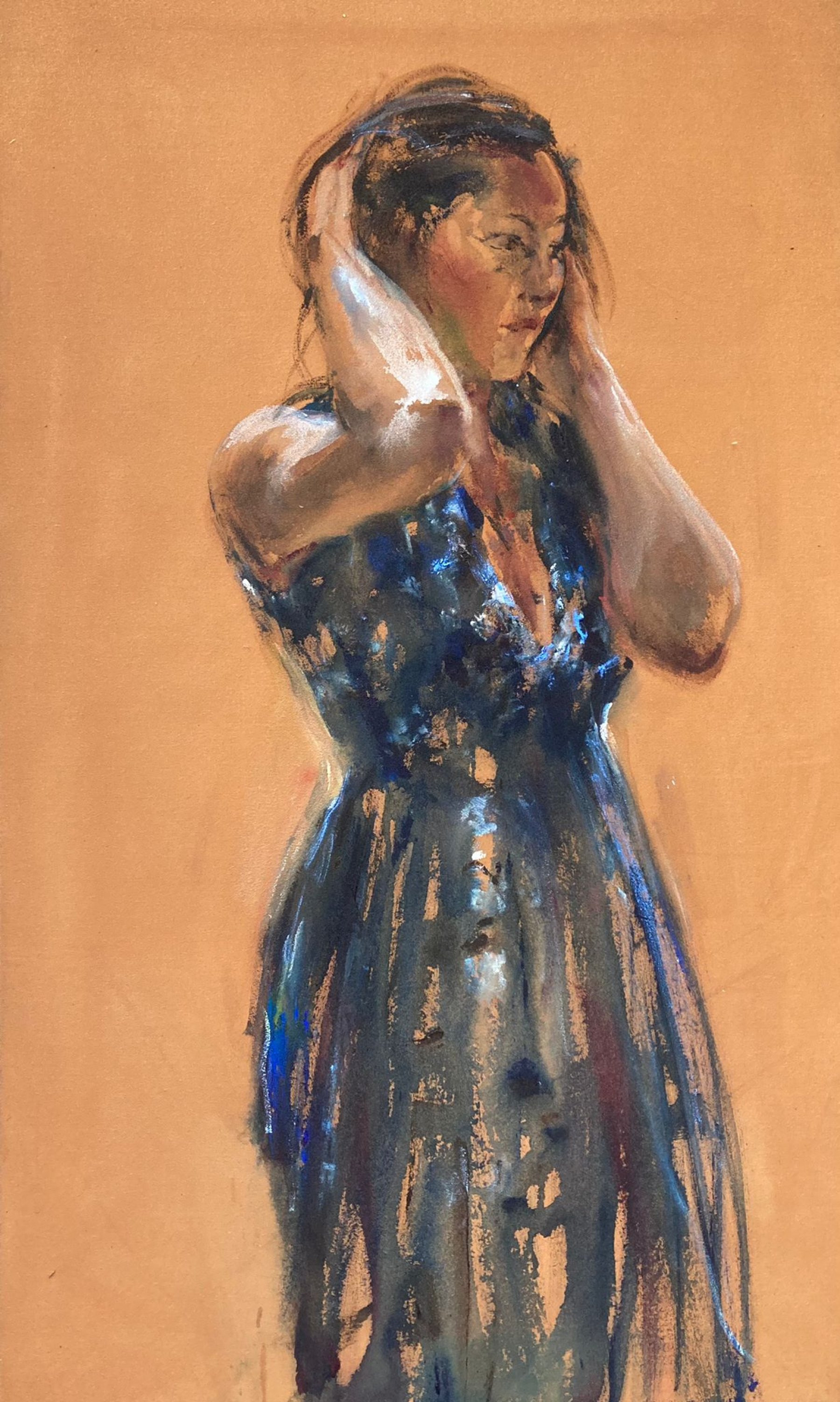 Kunst Vrouw in blauwe jurk (op oranje) van Sam Drukker kopen?
